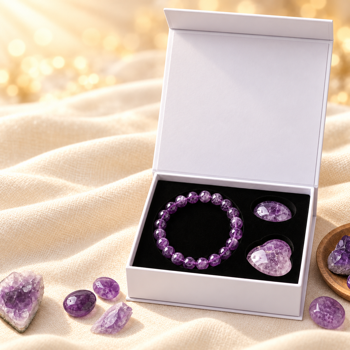 Amethyst Crystal Gift Set – Lifestyle Décor on warm cream linen