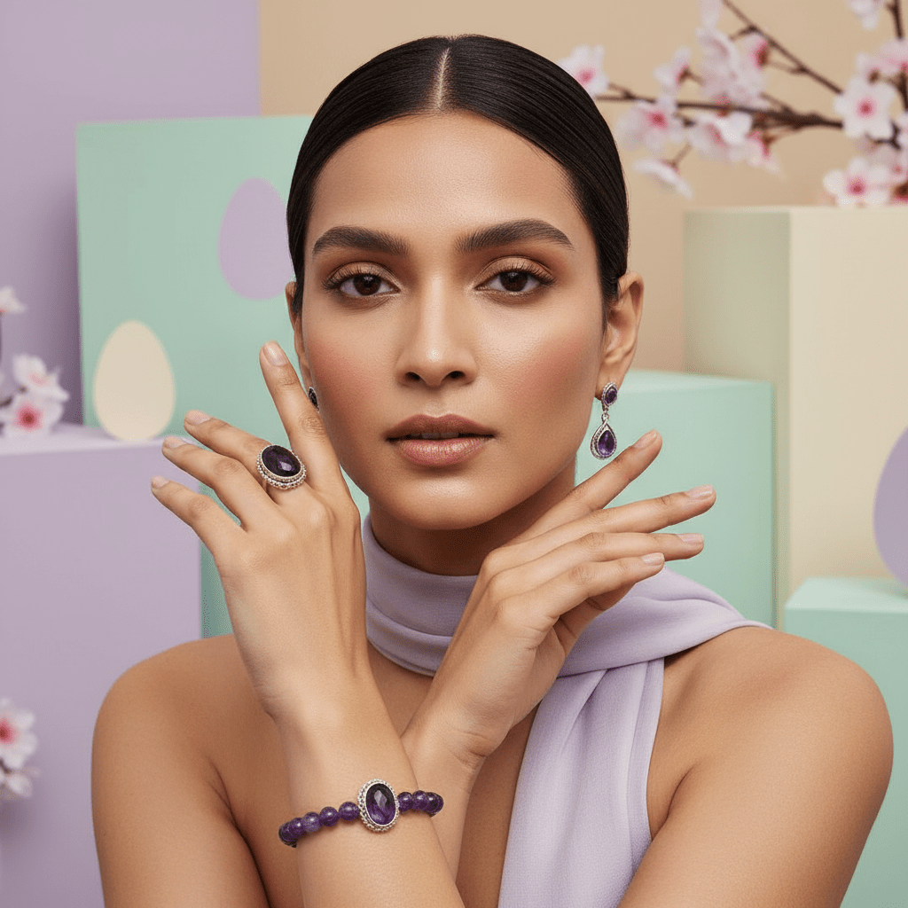 Amethyst Crystal Jewellery Set – Bracelet, Pendant & Earrings