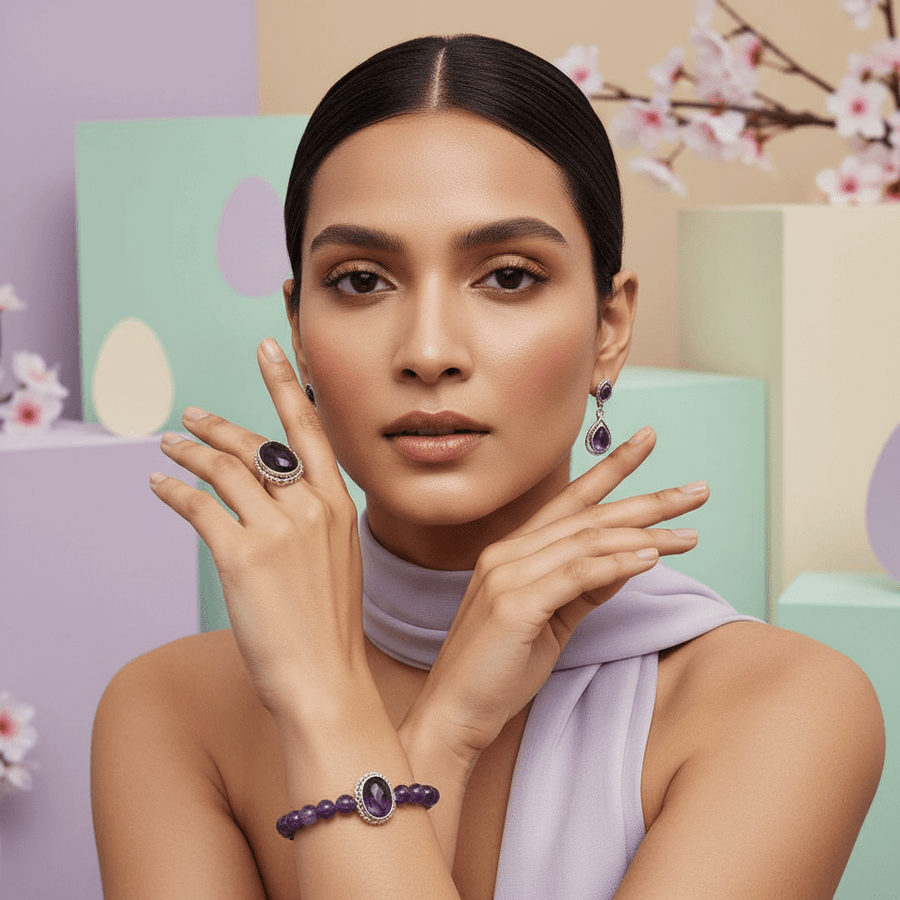 Amethyst Crystal Jewellery Set – Bracelet, Pendant & Earrings