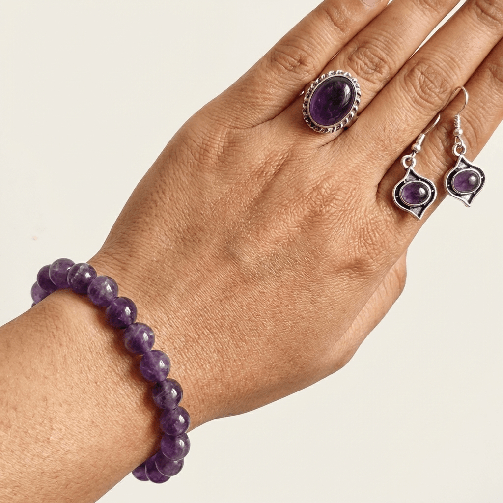 Amethyst Crystal Jewellery Set – Bracelet, Pendant & Earrings