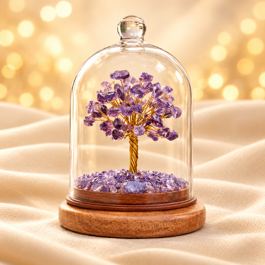 Amethyst Dome Tree – Natural Crystal Home Décor on champagne fabric