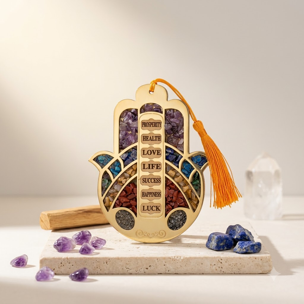 Hamsa Hand Crystal Wall Hanging – 7 Blessings | Wealth • Health • Love • Life • Success • Happiness • Luck | Mixed Healing Crystals