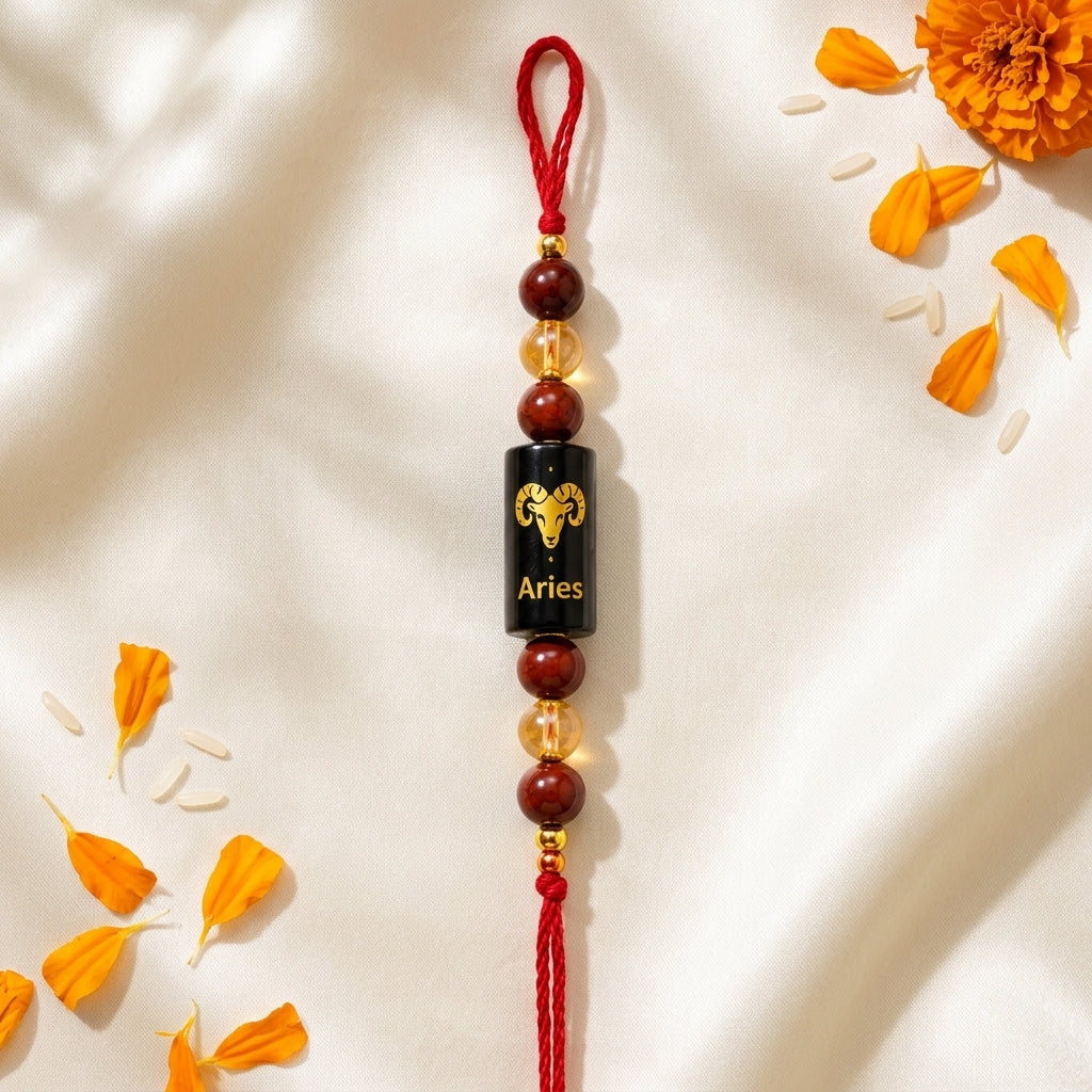 Aries Zodiac Rakhi (Mesh Rashi) with Red Jasper Crystal