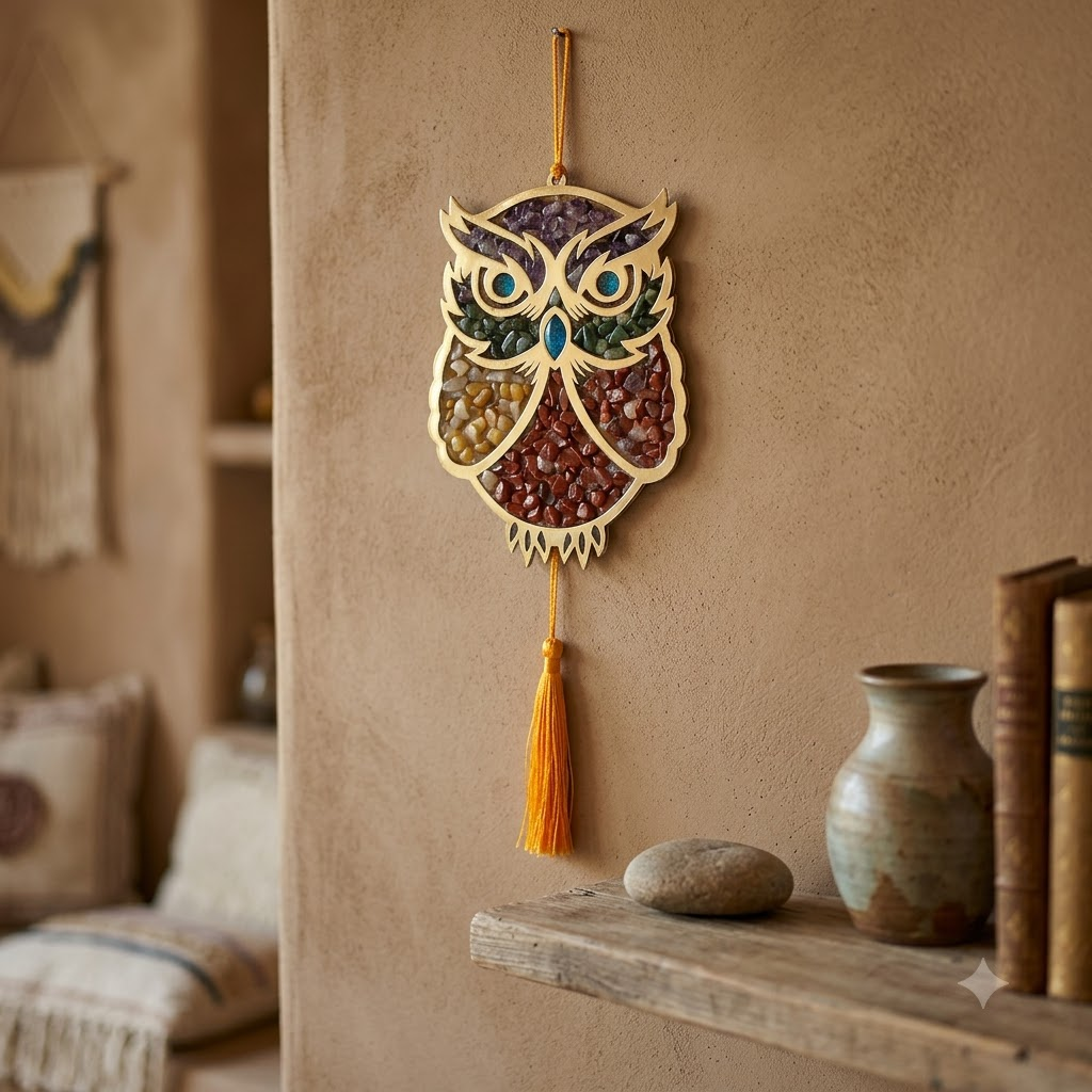 Crystal Owl Wall Hanger – Mixed Healing Crystal Chips in Wooden Laser-Cut Owl | Wisdom • Protection • Positive Energy