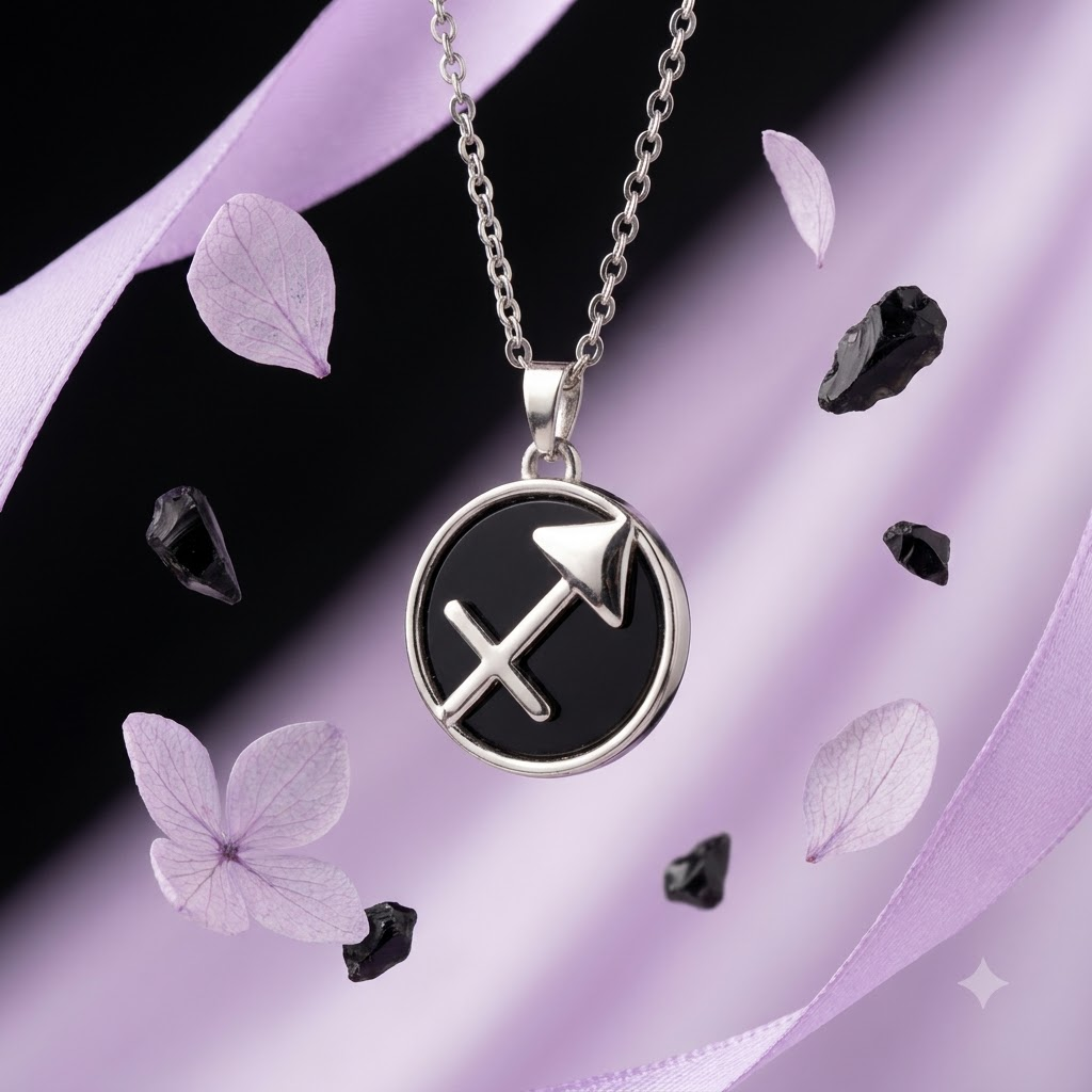 Sagittarius (Dhanu) Zodiac Pendant | Black Obsidian Crystal | Dhanu Rashi Necklace