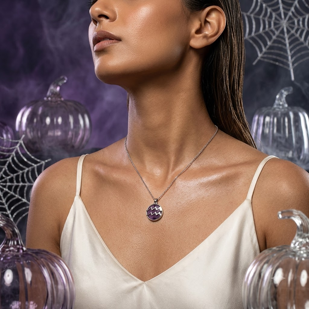 Aquarius (Kumbh) Zodiac Pendant | Amethyst Crystal | Kumbh Rashi Necklace