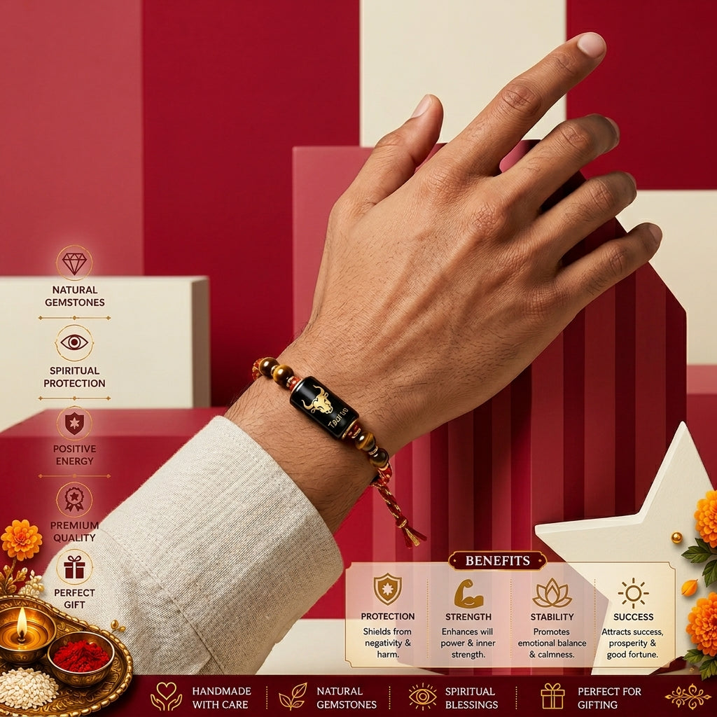 Taurus Rashi Rakhi | Tiger Eye Gemstone Rakhi