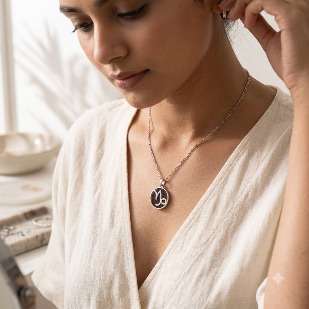 Capricorn (Makar) Zodiac Pendant | Garnet Crystal | Makar Rashi Necklace