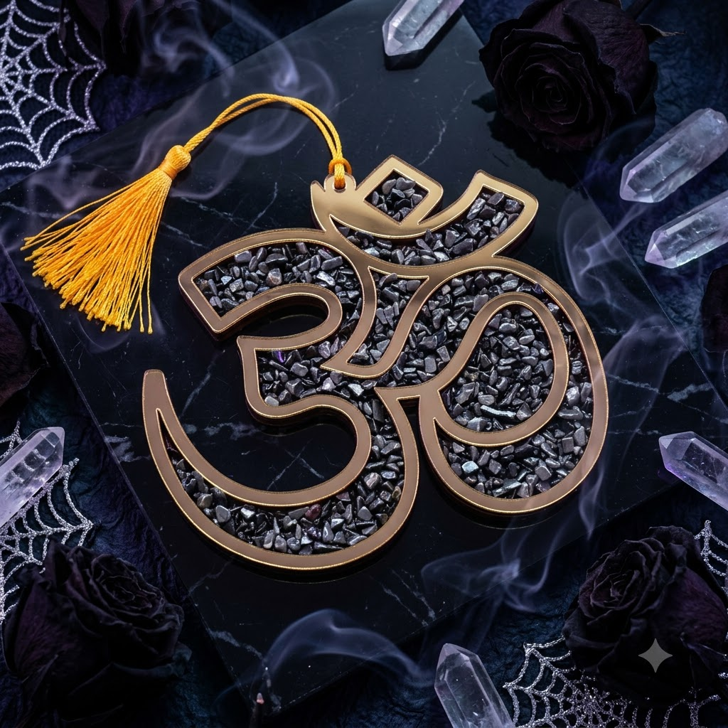 Pyrite Om (ओम्) Wall & Car Hanging – Natural Pyrite Crystal Chips in Gold Om Frame | Peace • Prosperity • Divine Energy