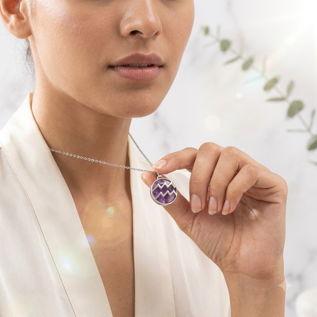 Aquarius (Kumbh) Zodiac Pendant | Amethyst Crystal | Kumbh Rashi Necklace