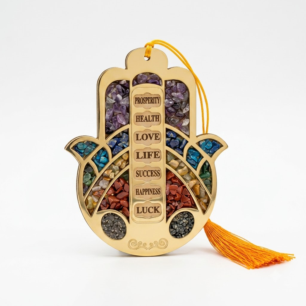 Hamsa Hand Crystal Wall Hanging – 7 Blessings | Wealth • Health • Love • Life • Success • Happiness • Luck | Mixed Healing Crystals