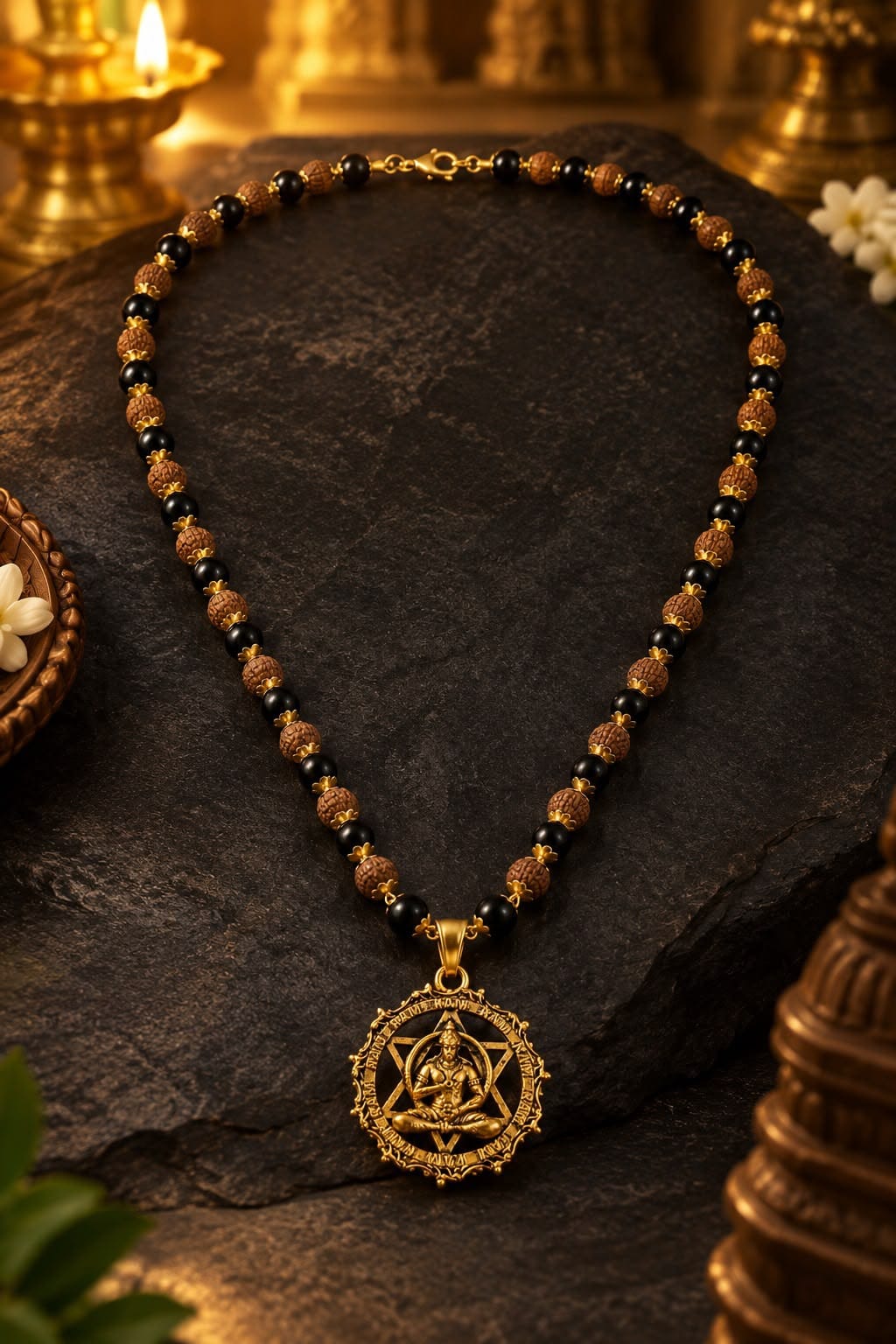 Black and textured brown bead necklace with gold-tone motif pendant on dark display