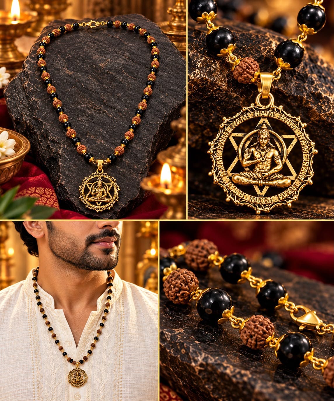 Collage showing necklace, pendant detail, clasp and styled wear