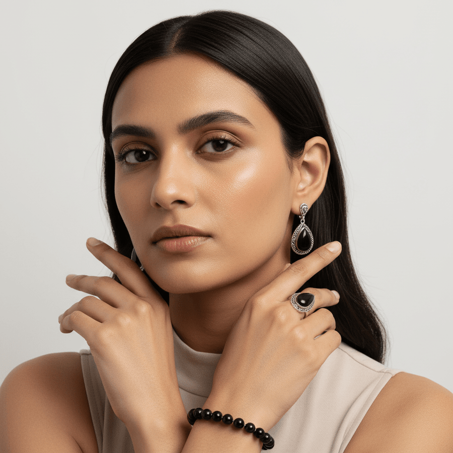 Black Onyx Crystal Jewellery Set – Bracelet, Pendant & Earrings