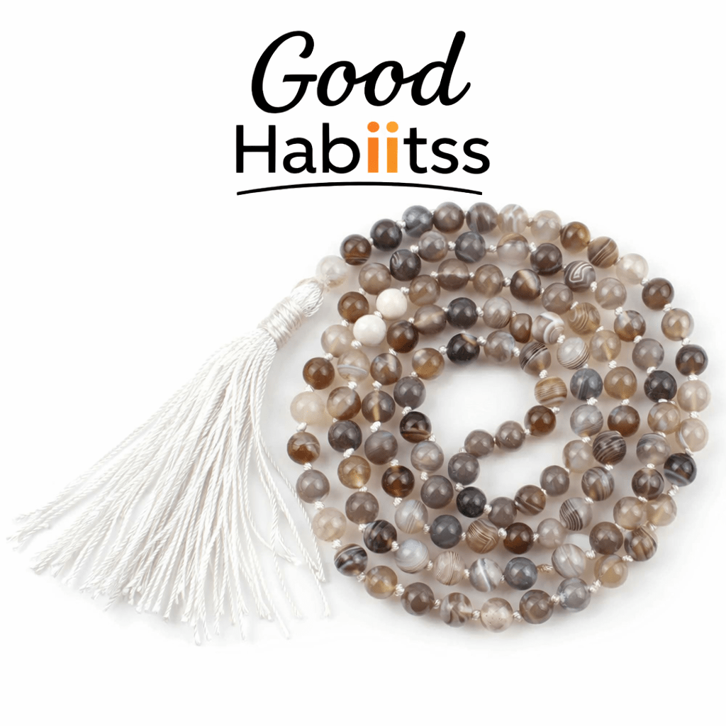 Botswana Agate Mala Necklace Knotted 108 Mala Beads, 108 Prayer Beads, Buddhist Meditation Mala - GOOD HABITSS