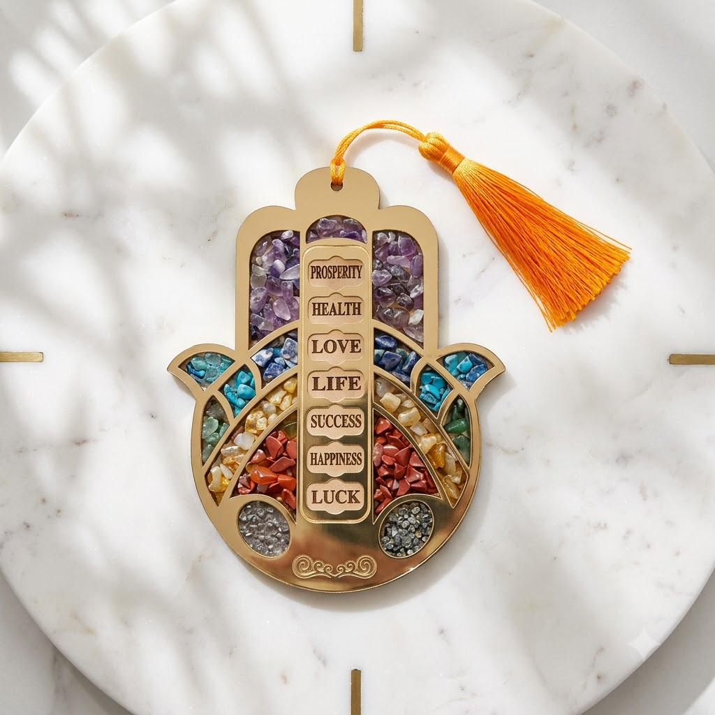 Hamsa Hand Crystal Wall Hanging – 7 Blessings | Wealth • Health • Love • Life • Success • Happiness • Luck | Mixed Healing Crystals