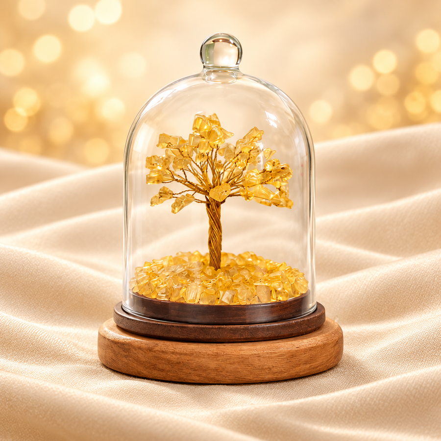 Citrine Dome Tree – Natural Crystal Tree in Glass Dome on champagne fabric