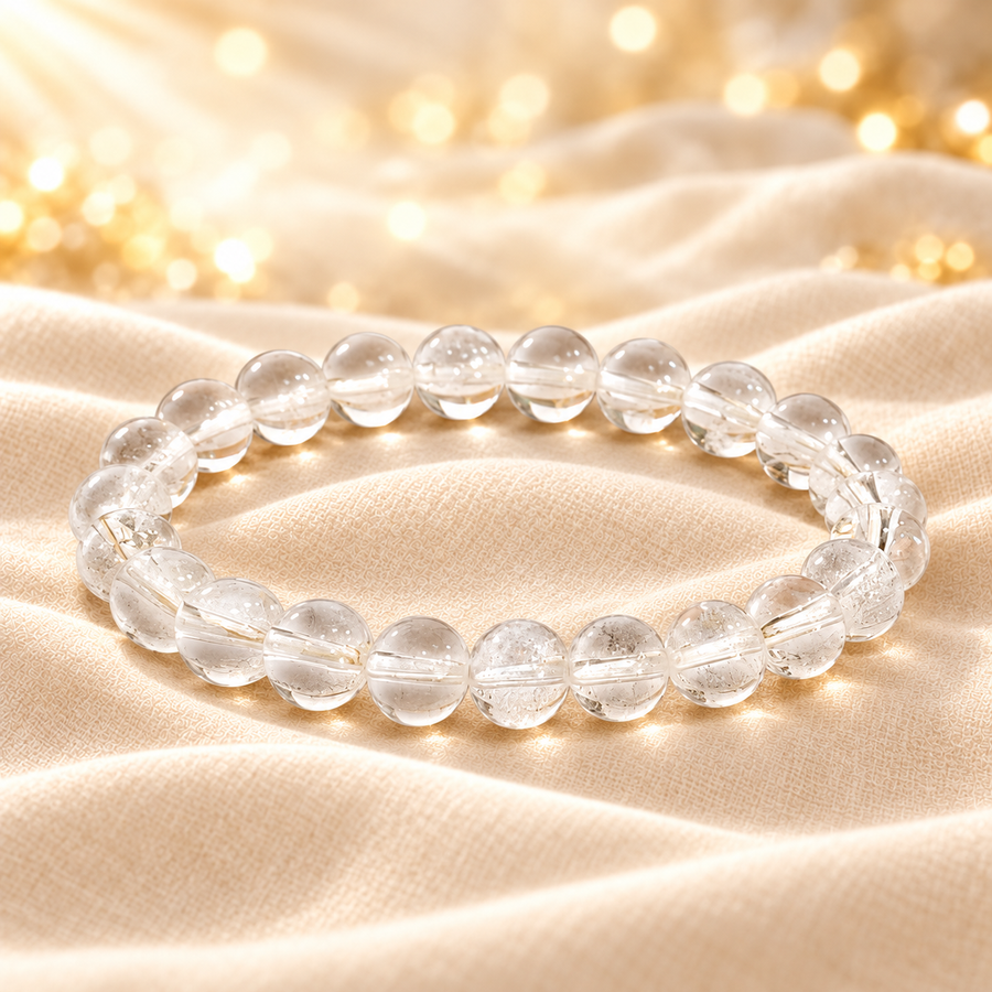Clear Quartz Bracelet – 8mm Natural Gemstone Jewellery on champagne fabric
