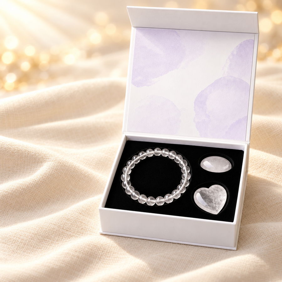 Clear Quartz Crystal Gift Set – Bracelet, Pocket Stone & Heart on warm cream linen