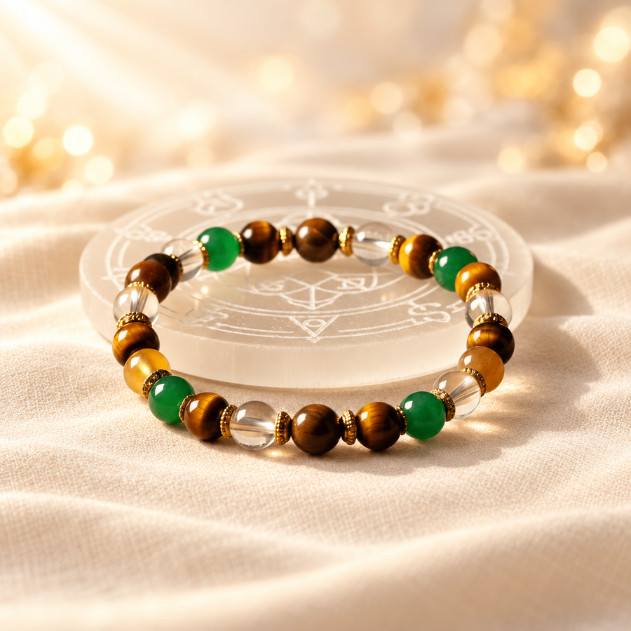 Crystal Bead Bracelet & Selenite Display Plate Set on warm cream linen