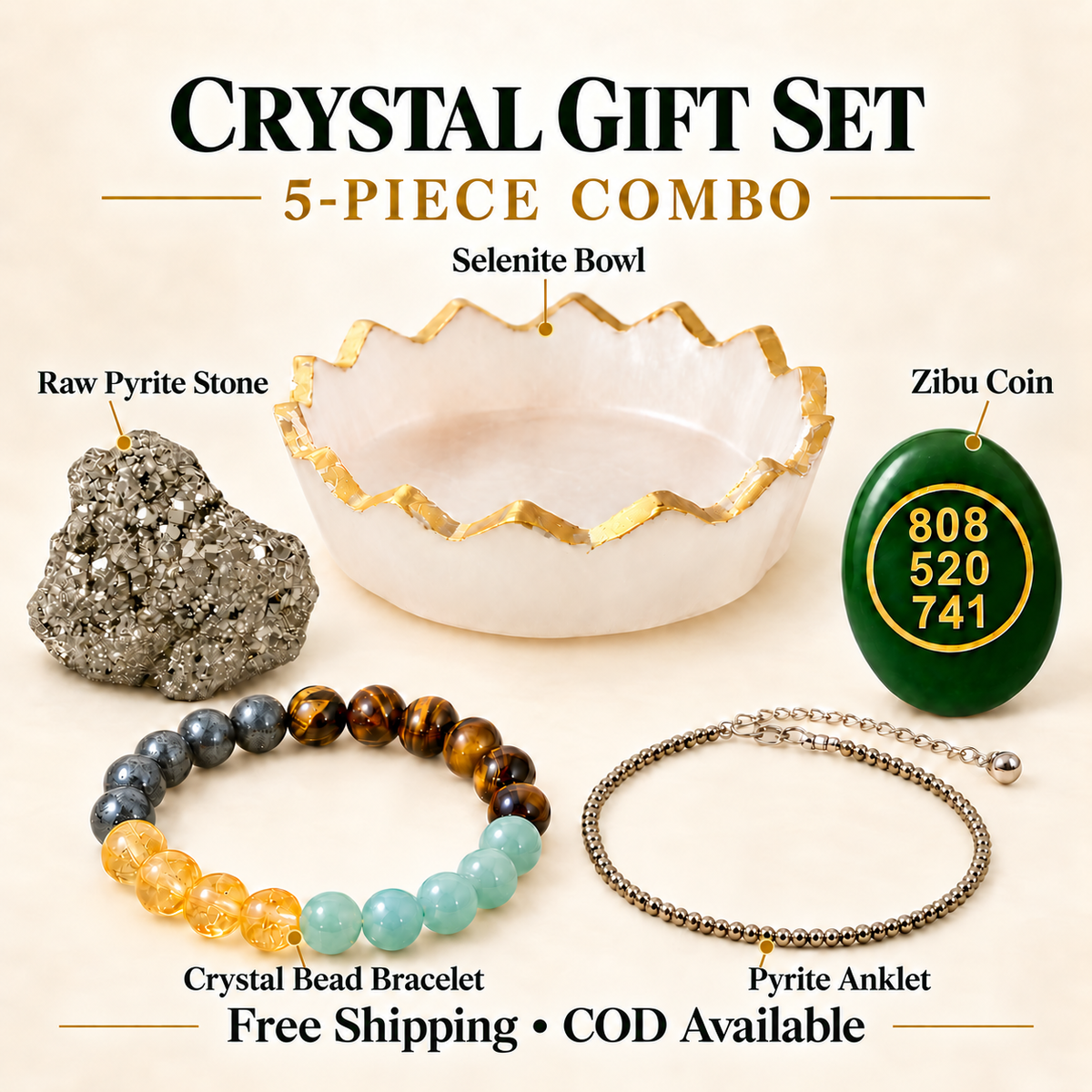 Crystal Gift Set — five-piece set with Selenite bowl, raw Pyrite, crystal bead bracelet, Pyrite anklet and decorative coin