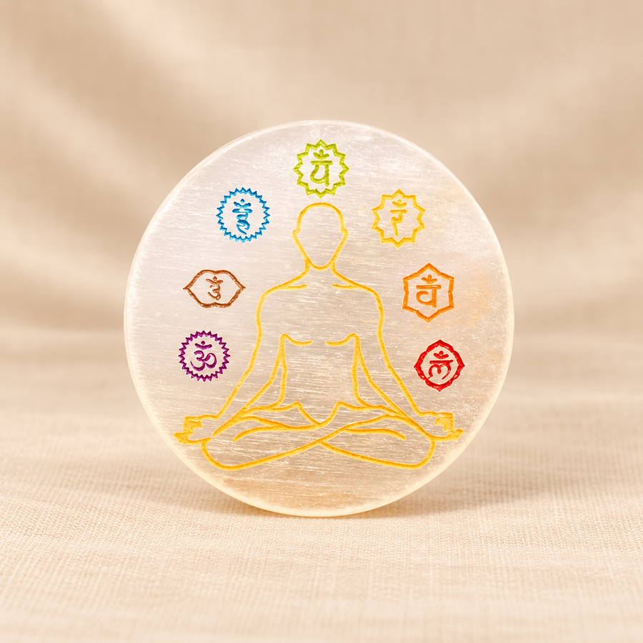 Seven-Symbol Selenite Plate – Decorative Crystal Display on cream linen