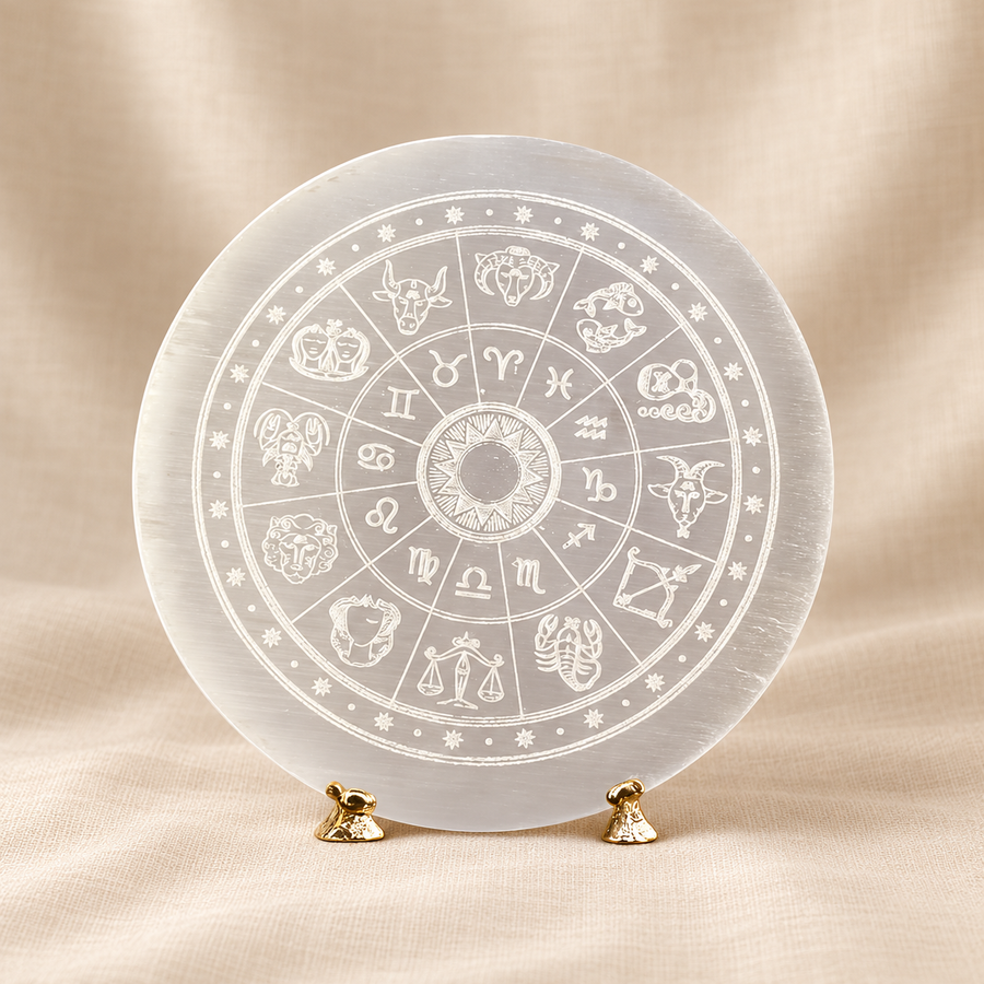 Selenite Crystal Display Plate – Engraved Symbol Design on cream linen
