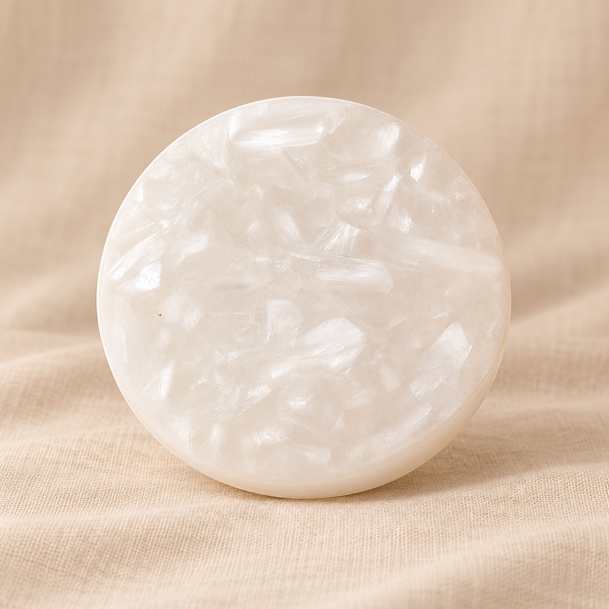 Moroccan Selenite Plate – Natural Crystal Décor on cream linen