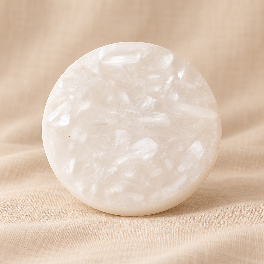 Moroccan Selenite Plate – Natural Crystal Décor on cream linen