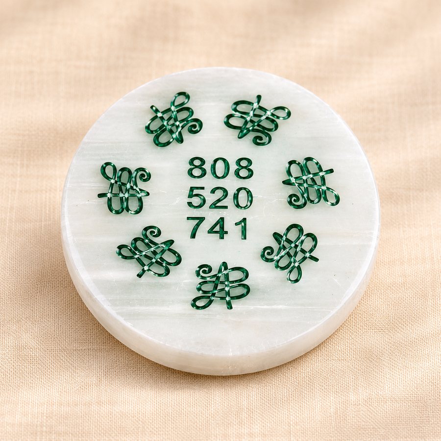 Selenite Zibu Symbol Plate – Traditional Symbol Décor on cream linen