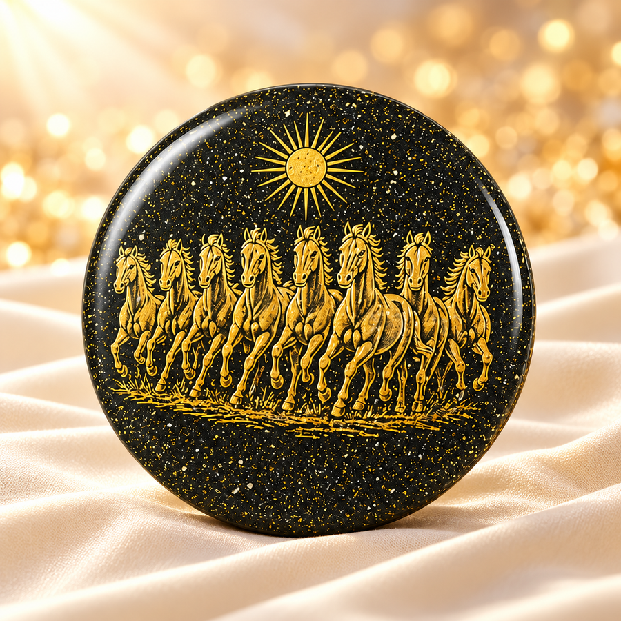Pyrite Orgonite 7 Horse Geometric Motif Plate – Traditional Decorative Art – 18423 on champagne fabric