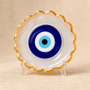 Eye-Motif & Symbol Selenite Plate – Traditional Symbol Décor on cream linen