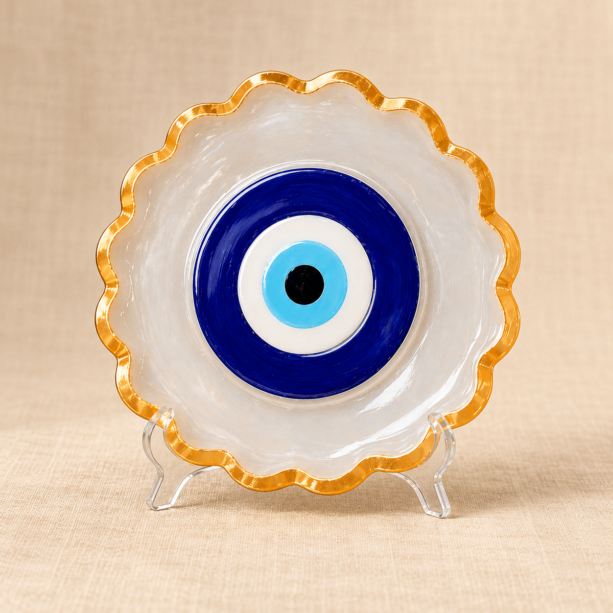 Eye-Motif & Symbol Selenite Plate – Traditional Symbol Décor on cream linen
