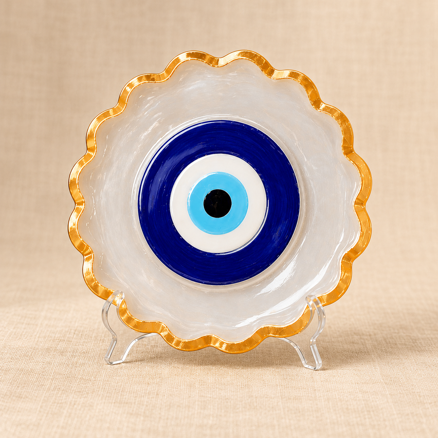 Eye-Motif & Symbol Selenite Plate – Traditional Symbol Décor on cream linen