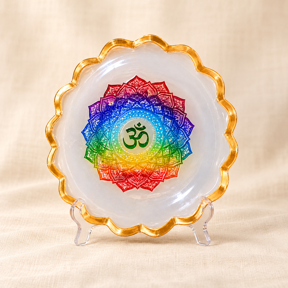 Seven-Symbol Motif Selenite Bowl – Decorative Crystal & Symbol Design on cream linen