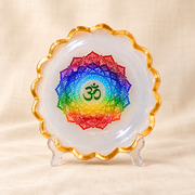 Seven-Symbol Motif Selenite Bowl – Decorative Crystal & Symbol Design on cream linen