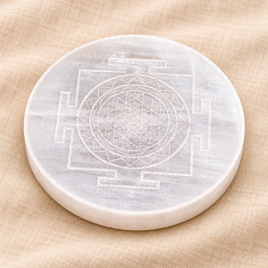 Selenite Geometric Motif Decorative Plate on cream linen
