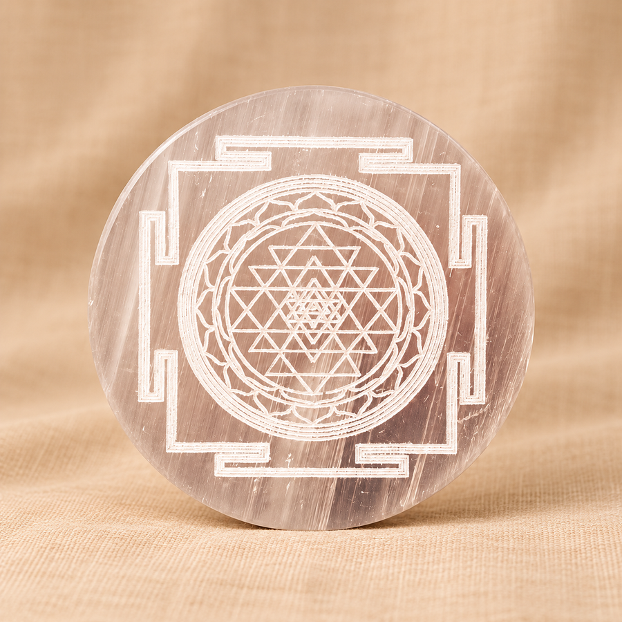 Geometric Motif on Selenite Plate – Traditional Symbol Décor on cream linen