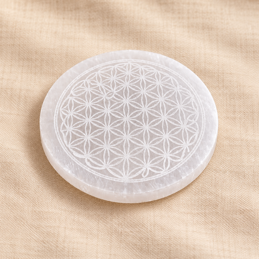 Selenite Flower of Life Plate – 4×4 Inch Decorative Crystal on cream linen
