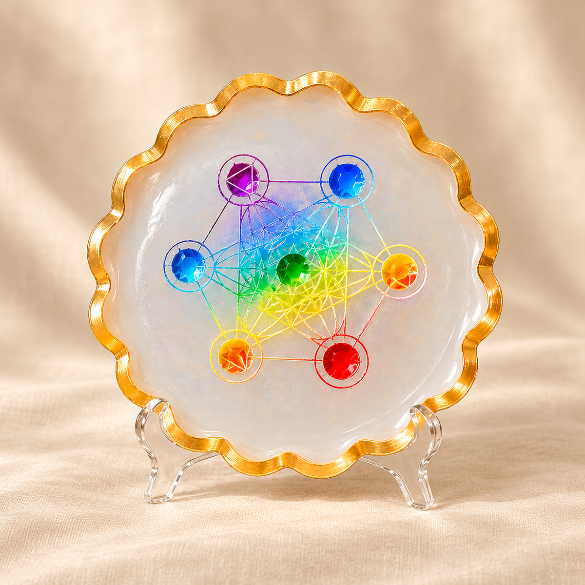Multicolour Symbol Selenite Bowl – Decorative Crystal Bowl on cream linen