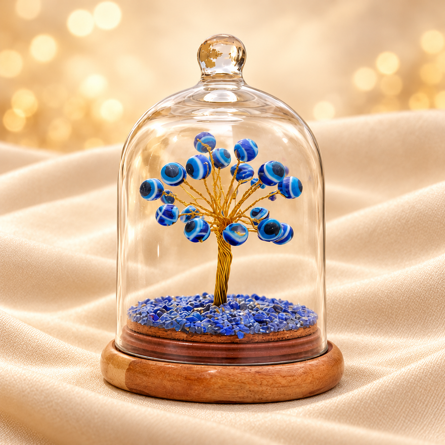 Eye Motif Dome Tree – Decorative Crystal Tree in Glass Dome on champagne fabric