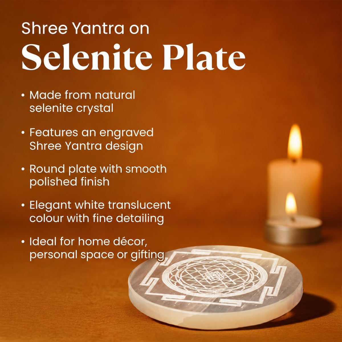 Geometric Motif on Selenite Plate – Traditional Symbol Décor — product details