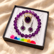 Amethyst Crystal Jewellery Set – Bracelet, Pendant & Earrings on warm cream linen