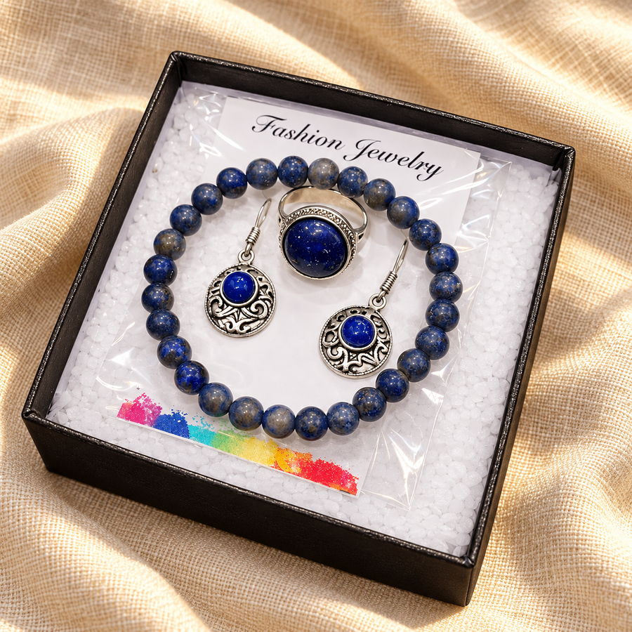 Lapis Lazuli Jewellery Set – Bracelet, Pendant & Earrings on warm cream linen