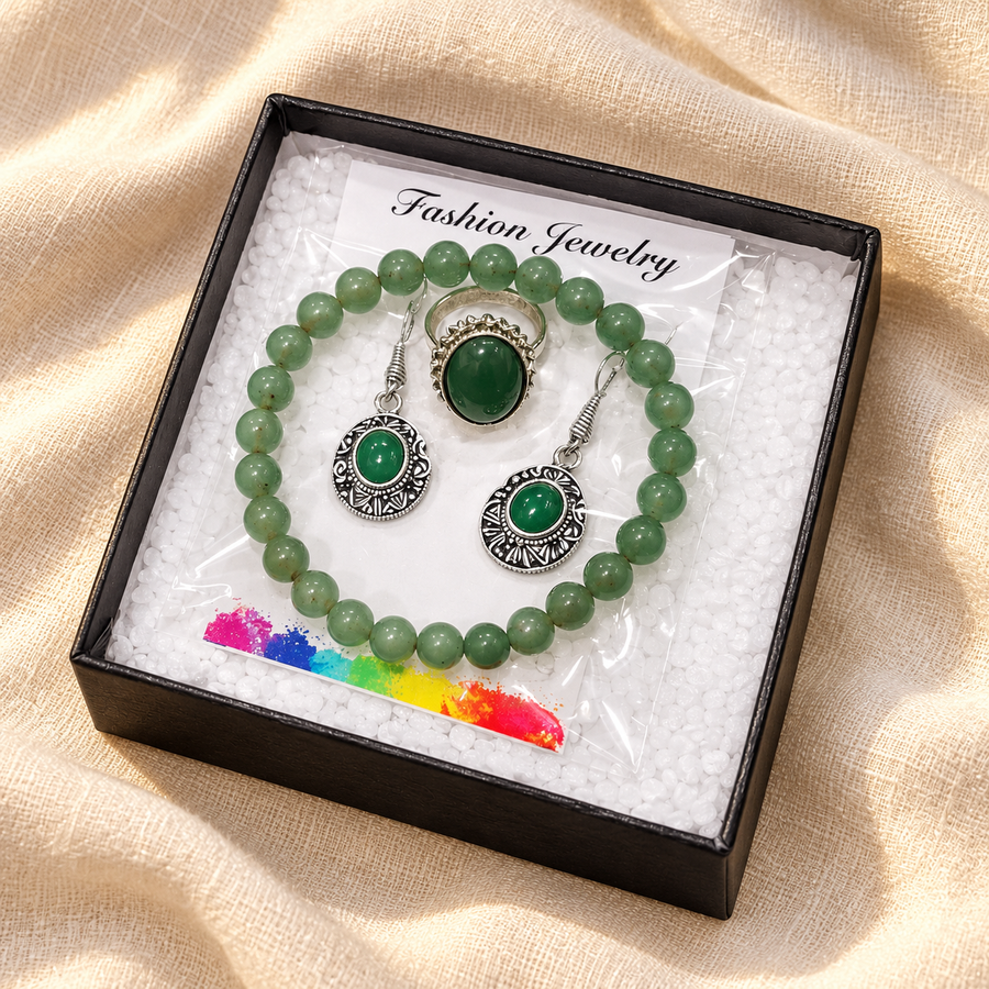 Light Green Aventurine Jewellery Set – Bracelet, Pendant & Earrings on warm cream linen