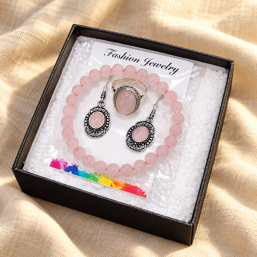Rose Quartz Jewellery Set – Bracelet, Pendant & Earrings on warm cream linen