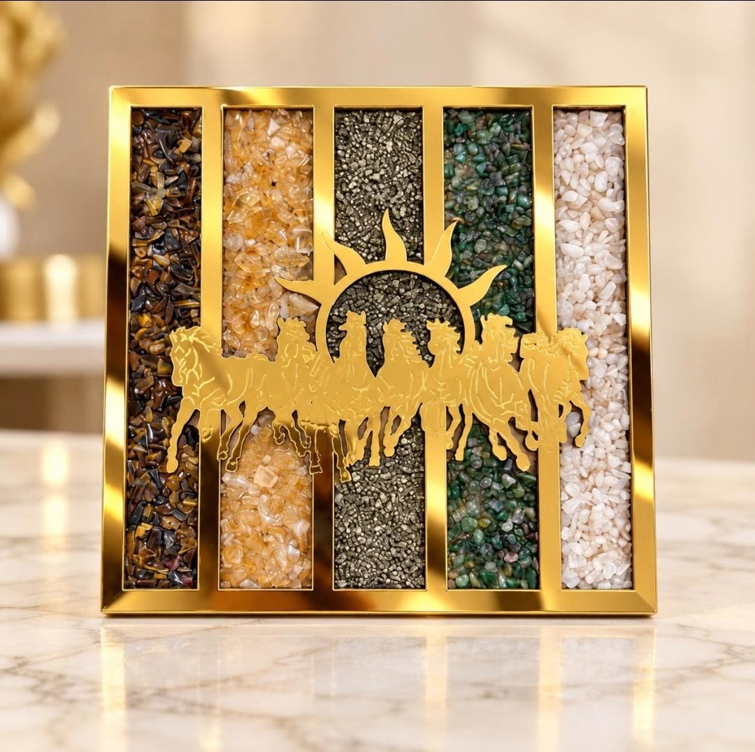 Gold-tone seven horses decorative frame with five colourful crystal chip panels, front view
