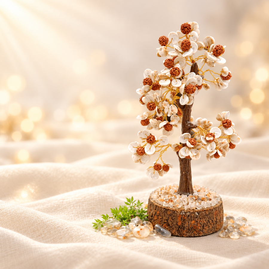 Gomti Shell & seed bead Tree – 10–12 Inch Traditional Décor on warm cream background