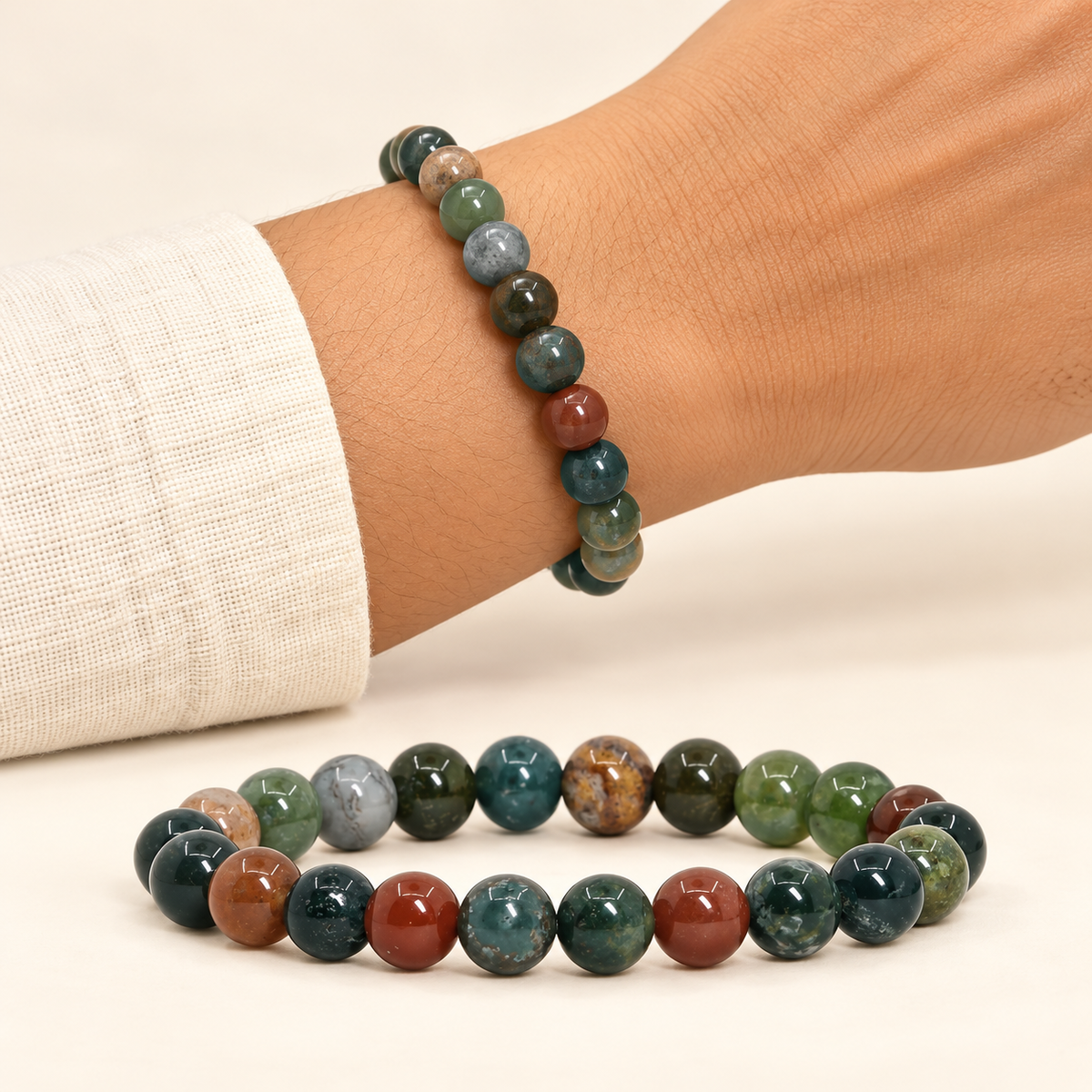Natural Indian Bloodstone Bracelet – 8mm Gemstone Jewellery — illustrative styling view