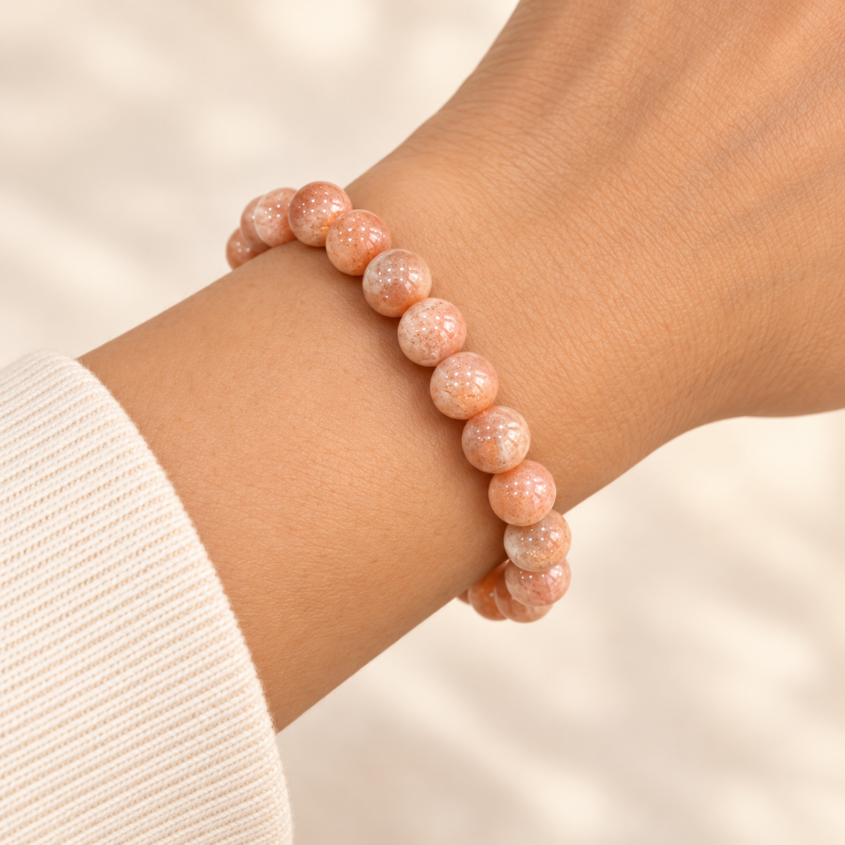 Natural Sunstone Bracelet – 8mm Gemstone Jewellery — illustrative styling view